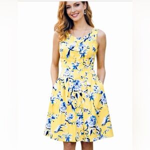 Talbots Yellow And Blue Bird Floral Toile Fit And Flare Sleeveless Dress.Size 12